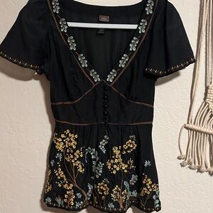 Elegant Black Blouse with Floral Embroidery vintage y2K 2 XS